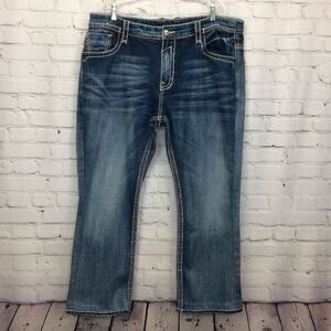 Rock Revival Blue Jeans Men's 44 x 29.5 "Steven Straight" Pockets Leather Patch